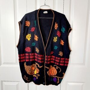 Autumn Leaves, Cornucopia & Pumpkin Sweater Vest 3X Thanksgiving 90s Granny